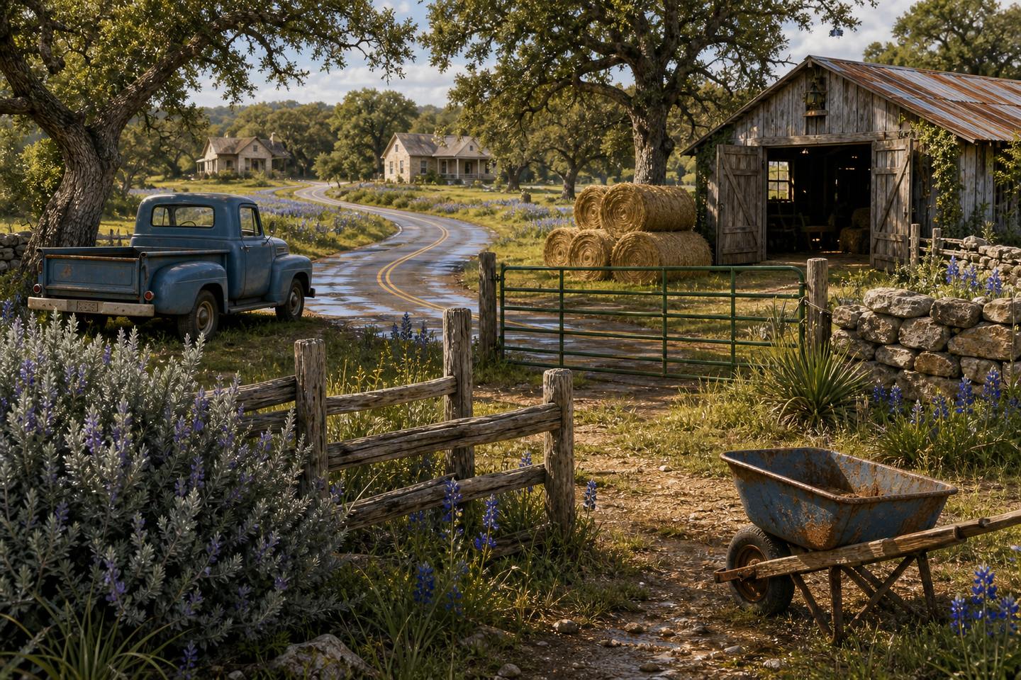 An imaginary rural road: a blue pickup to the left, a green gate in the middle, and hay, a barn and a wheelbarrow to the right.